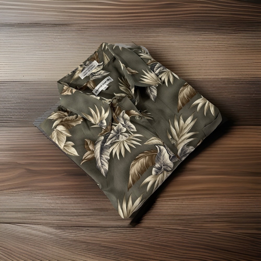 Pierre Cardin Mens Shirt Multicolor Hawaiian Button‎ Up Palms 100% Cotton Sz L